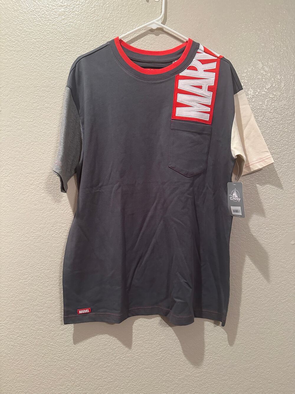 NWT Disney Parks Marvel Patch Embroidered Shoulder Logo Gray Tee M